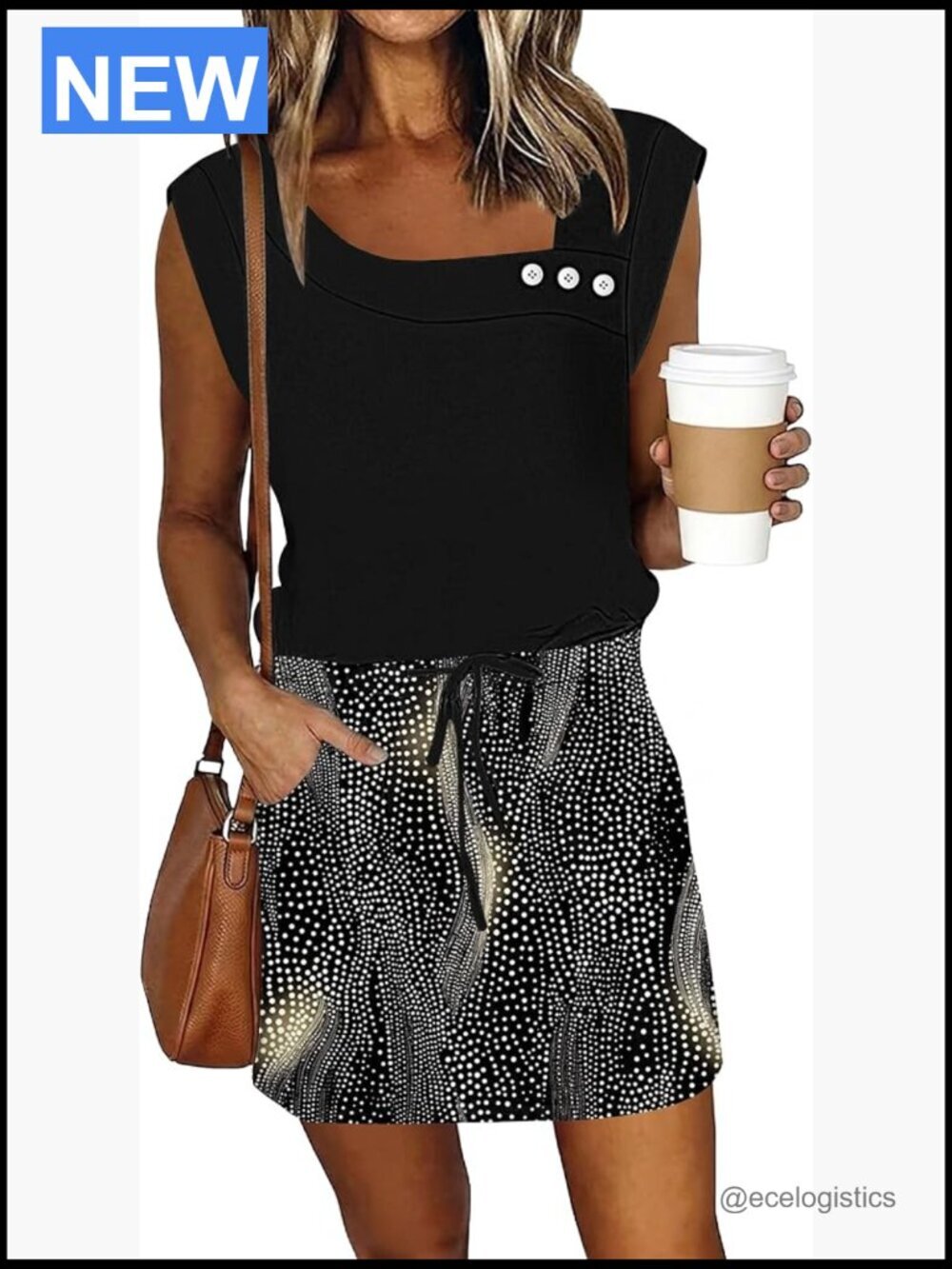 Square Neck Cap Sleeve Mini Dress with Pockets Drawstring Waist